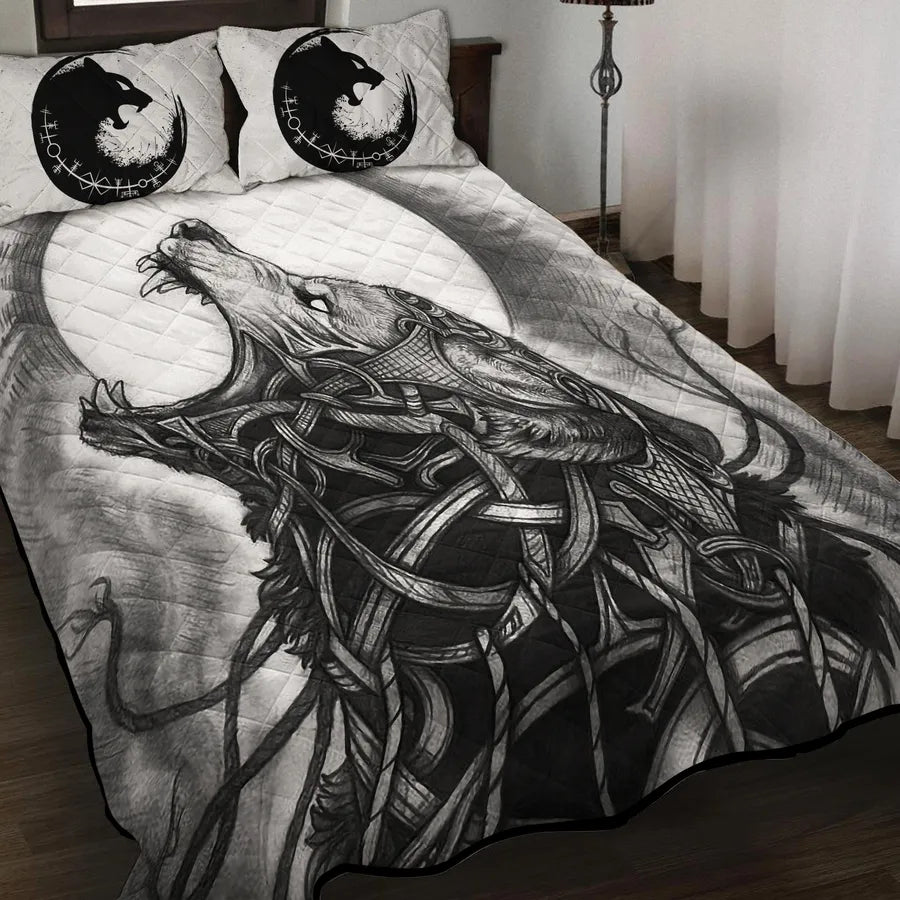 Viking Quilt Bedding Set Fenrir Drawing Norse Fury