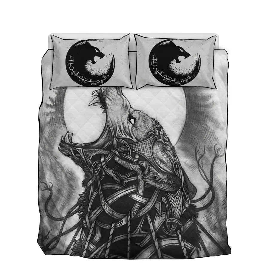 Viking Quilt Bedding Set Fenrir Drawing Norse Fury