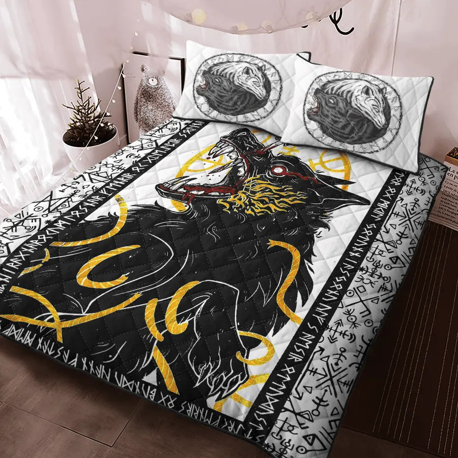 Viking Quilt Bedding Set Fenrir Rune Norse Fury