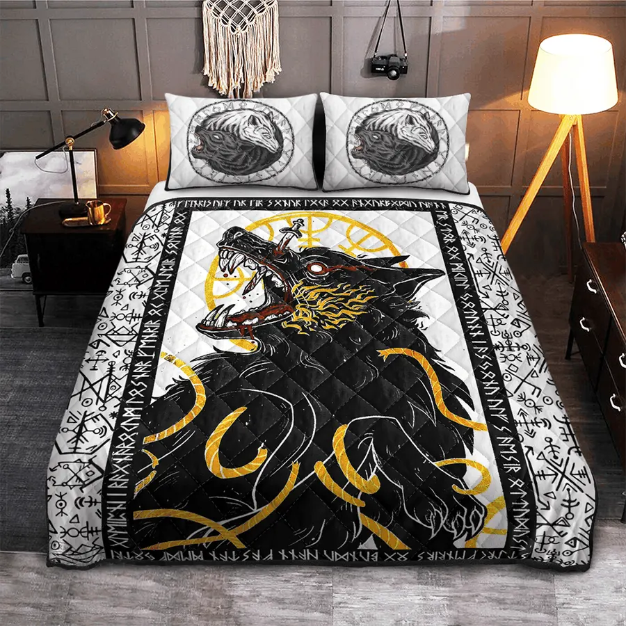 Viking Quilt Bedding Set Fenrir Rune Norse Fury