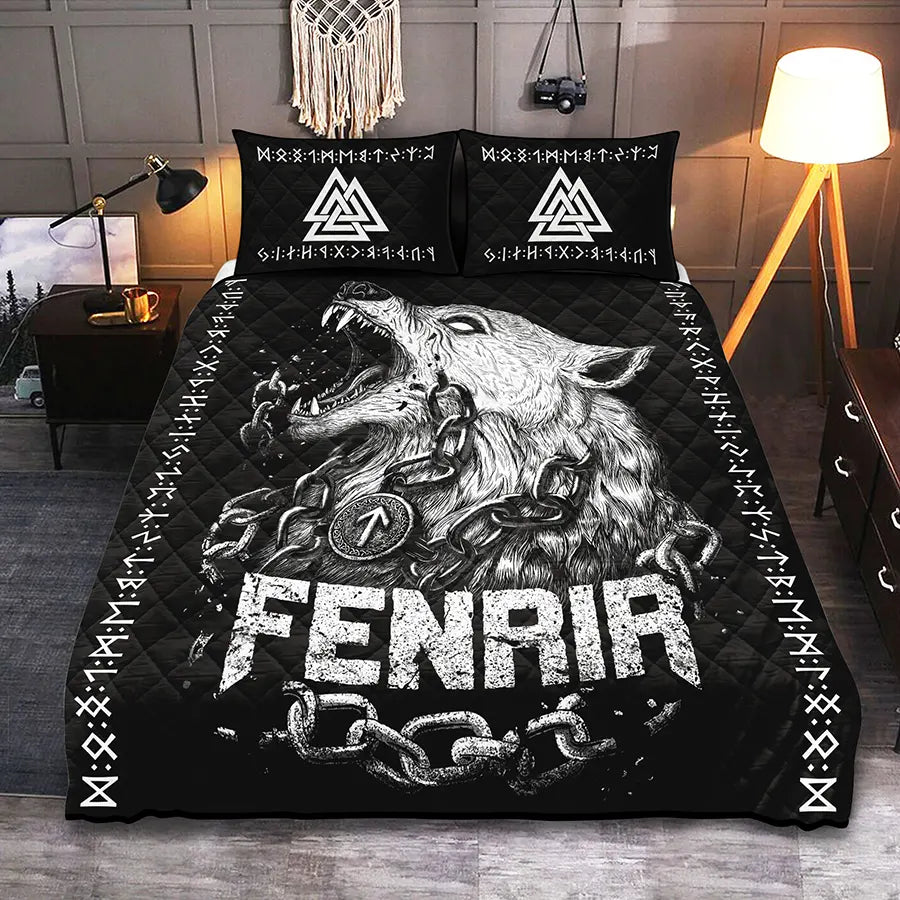 Viking Quilt Bedding Set Fenrir Valknut Symbol