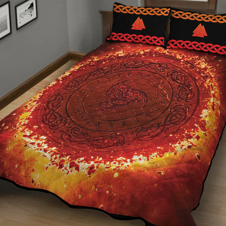 Viking Quilt Bedding Set Flaming Triple Horn Norse Power