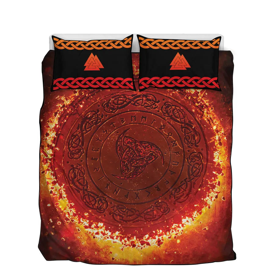 Viking Quilt Bedding Set Flaming Triple Horn Norse Power