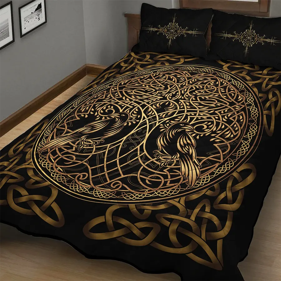 Viking Quilt Bedding Set Gold Tree of Life Celtic Knot
