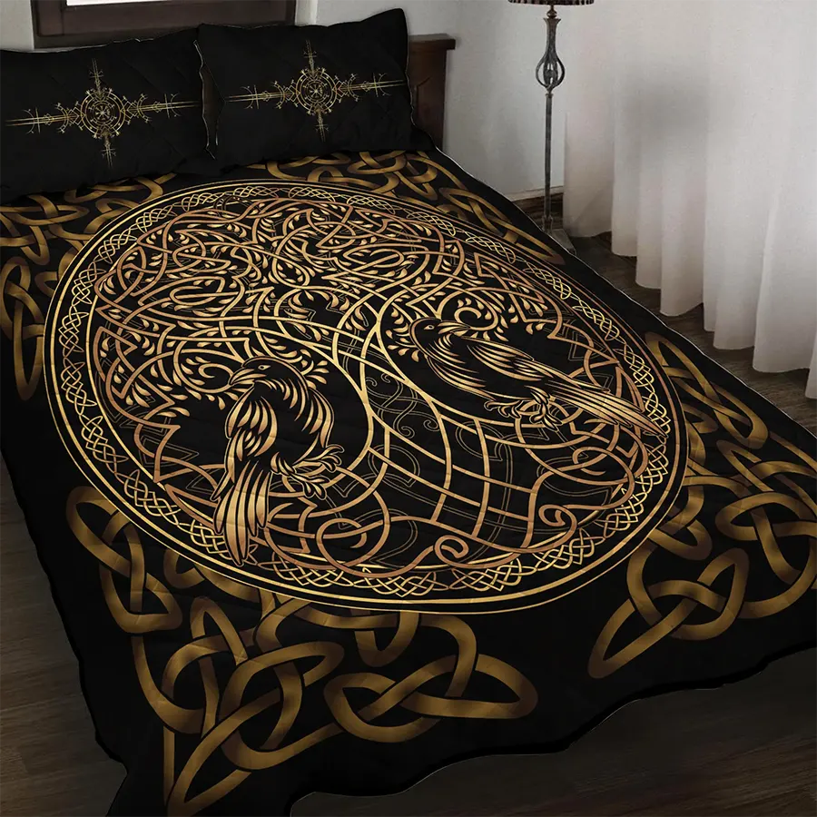 Viking Quilt Bedding Set Gold Tree of Life Celtic Knot