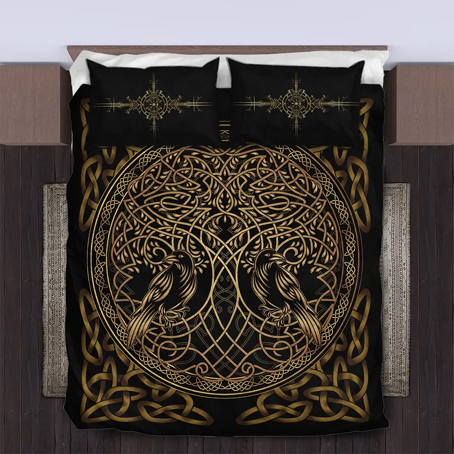 Viking Quilt Bedding Set Gold Tree of Life Celtic Knot