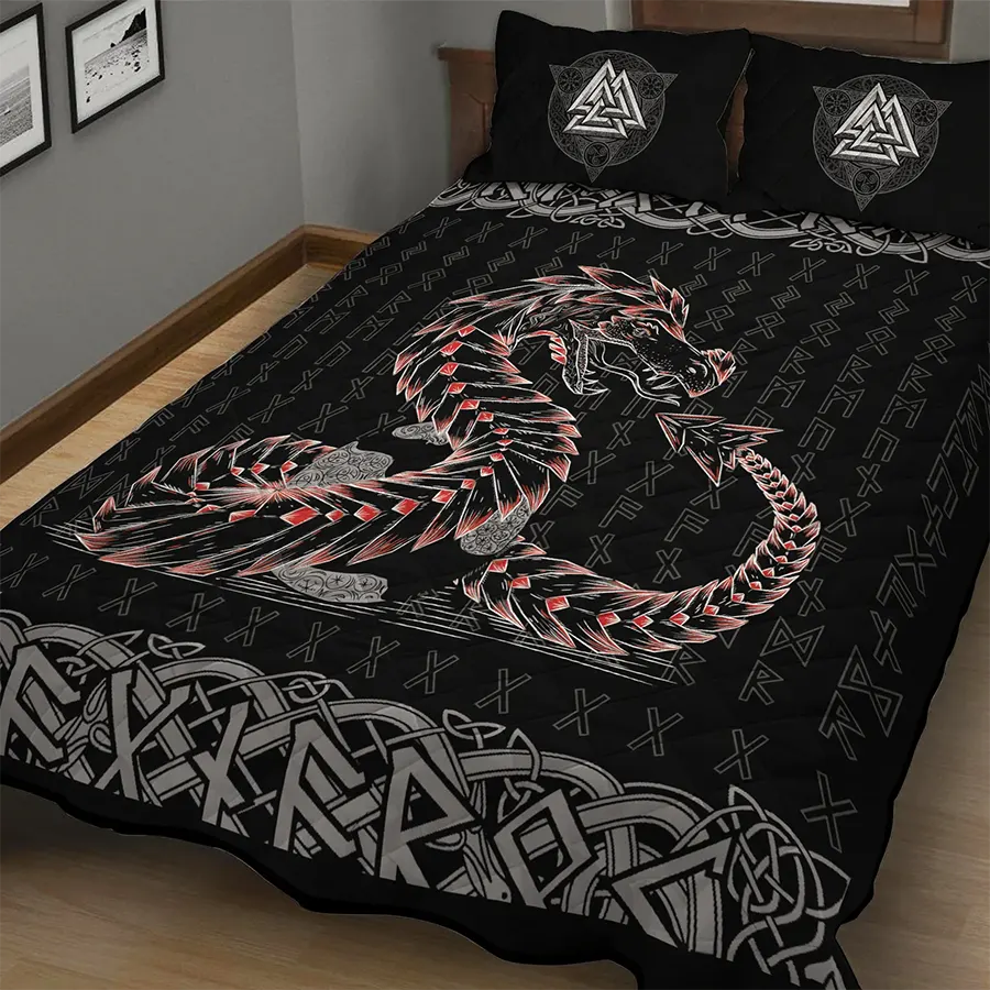 Viking Quilt Bedding Set Jormungandr Rune Eternal Serpent