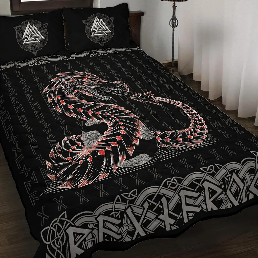 Viking Quilt Bedding Set Jormungandr Rune Eternal Serpent