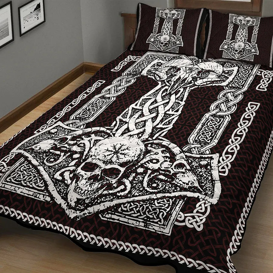 Viking Quilt Bedding Set Mjolnir Skull Celtic Knot