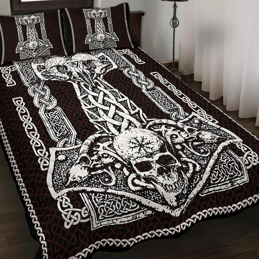Viking Quilt Bedding Set Mjolnir Skull Celtic Knot