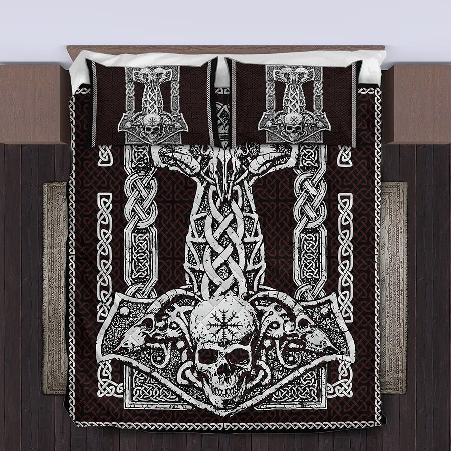 Viking Quilt Bedding Set Mjolnir Skull Celtic Knot