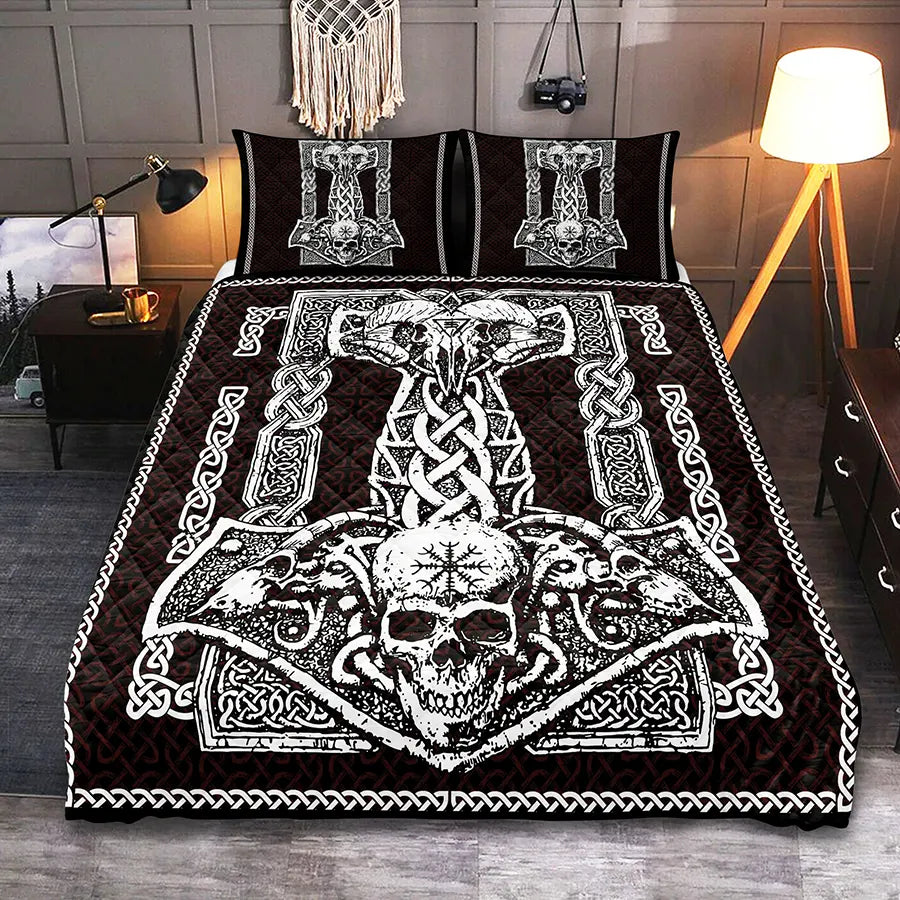 Viking Quilt Bedding Set Mjolnir Skull Celtic Knot