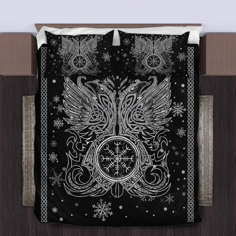 Viking Quilt Bedding Set Munin and Hugin Raven Art