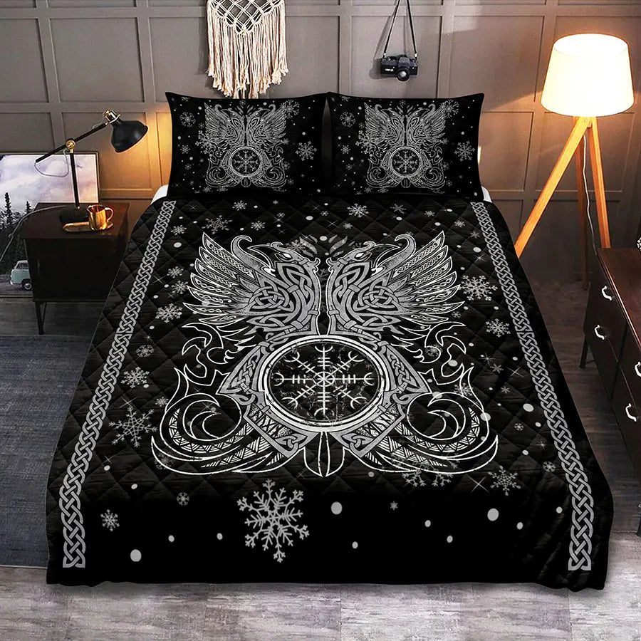 Viking Quilt Bedding Set Munin and Hugin Raven Art