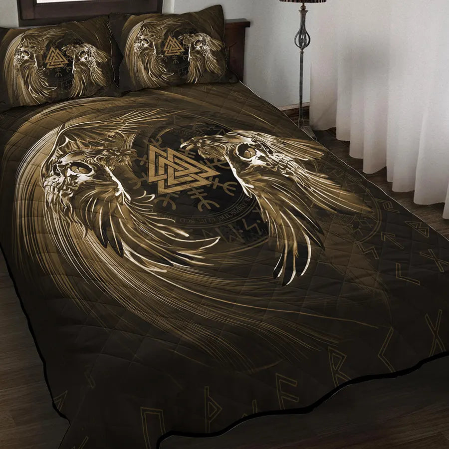 Viking Quilt Bedding Set Norse Raven and Valknut