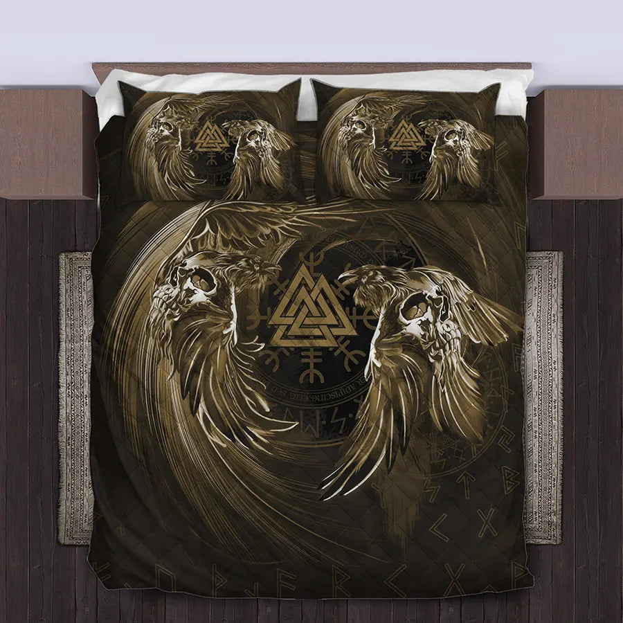 Viking Quilt Bedding Set Norse Raven and Valknut
