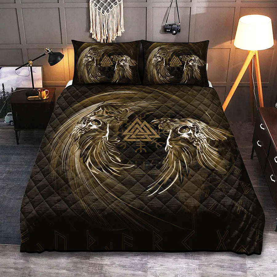 Viking Quilt Bedding Set Norse Raven and Valknut