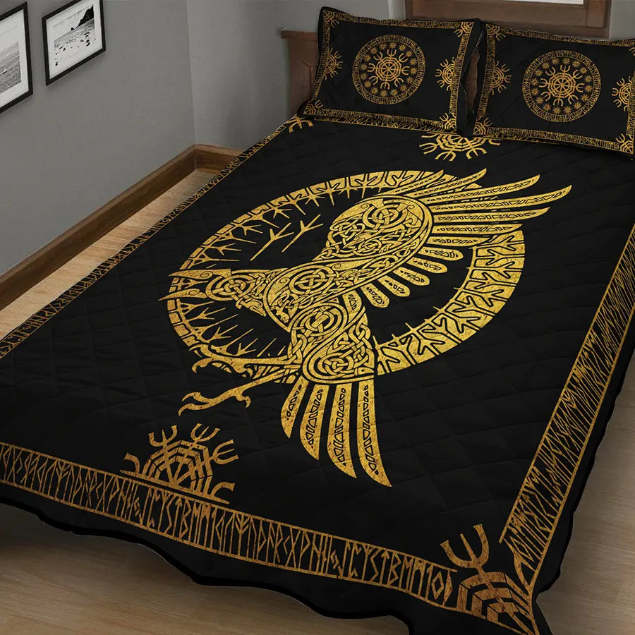 Viking Quilt Bedding Set Norse Raven Celtic Gold