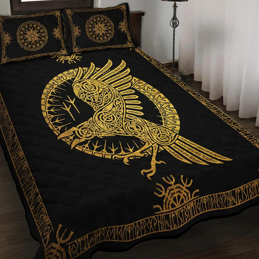 Viking Quilt Bedding Set Norse Raven Celtic Gold