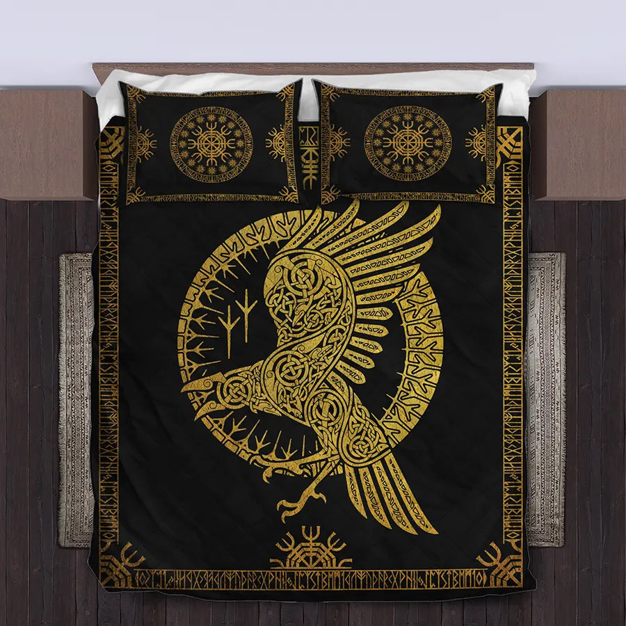 Viking Quilt Bedding Set Norse Raven Celtic Gold