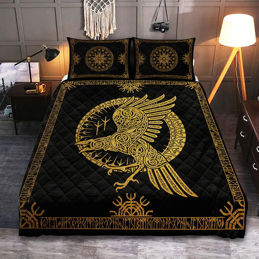Viking Quilt Bedding Set Norse Raven Celtic Gold