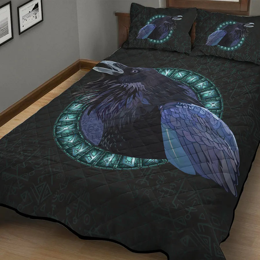 Viking Quilt Bedding Set Norse Raven with Runes