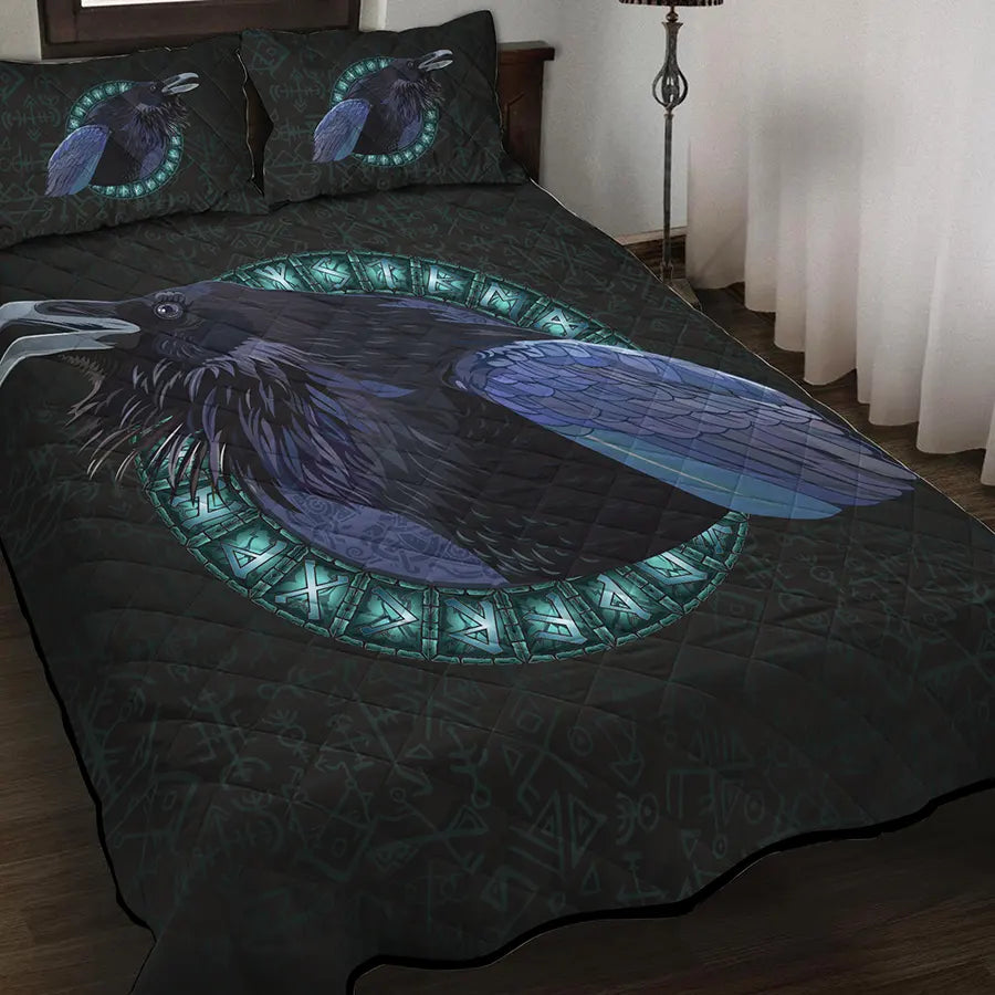 Viking Quilt Bedding Set Norse Raven with Runes