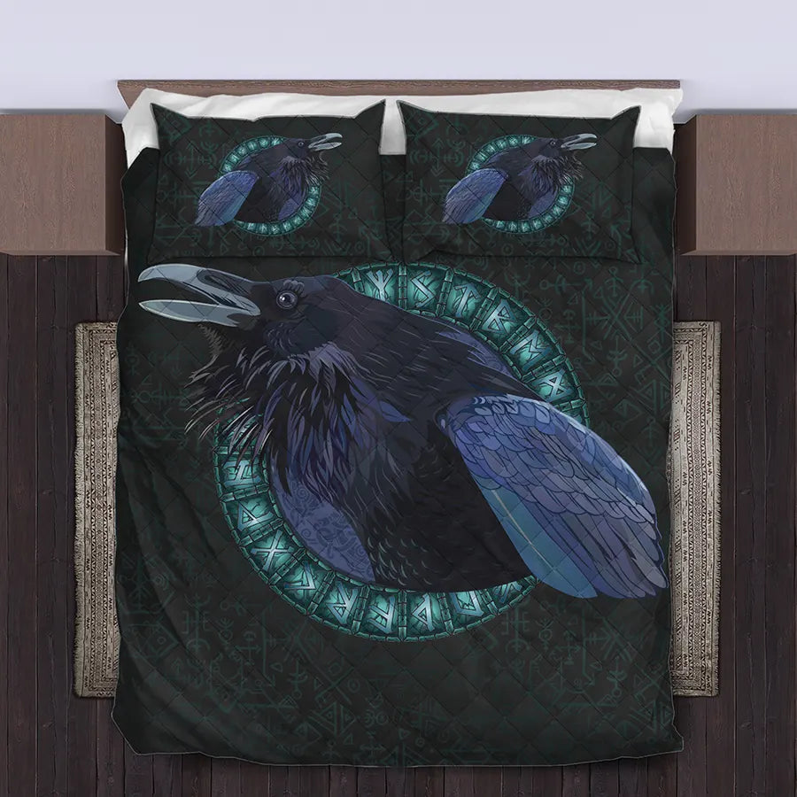 Viking Quilt Bedding Set Norse Raven with Runes