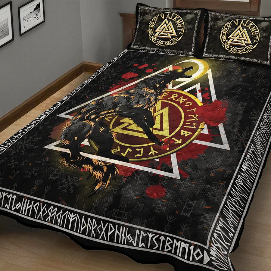 Viking Quilt Bedding Set Norse Wolf Valknut Rune