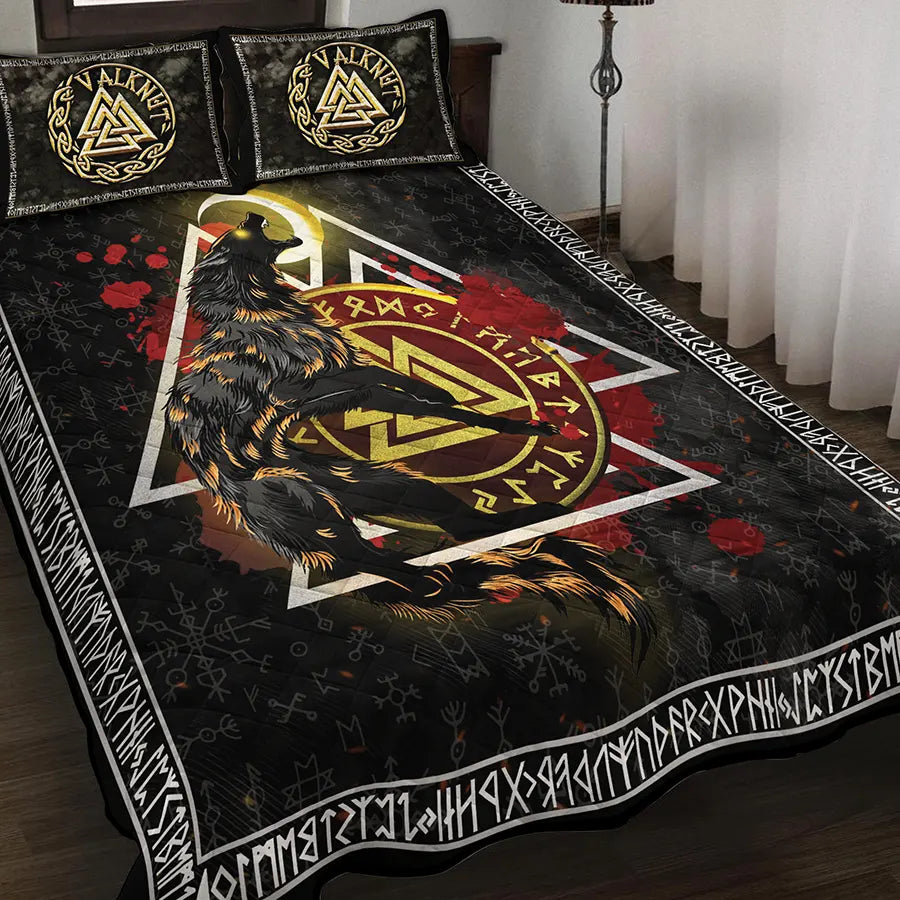 Viking Quilt Bedding Set Norse Wolf Valknut Rune