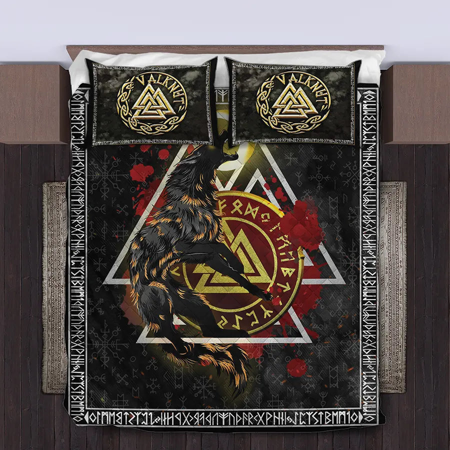Viking Quilt Bedding Set Norse Wolf Valknut Rune