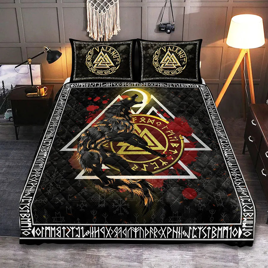 Viking Quilt Bedding Set Norse Wolf Valknut Rune