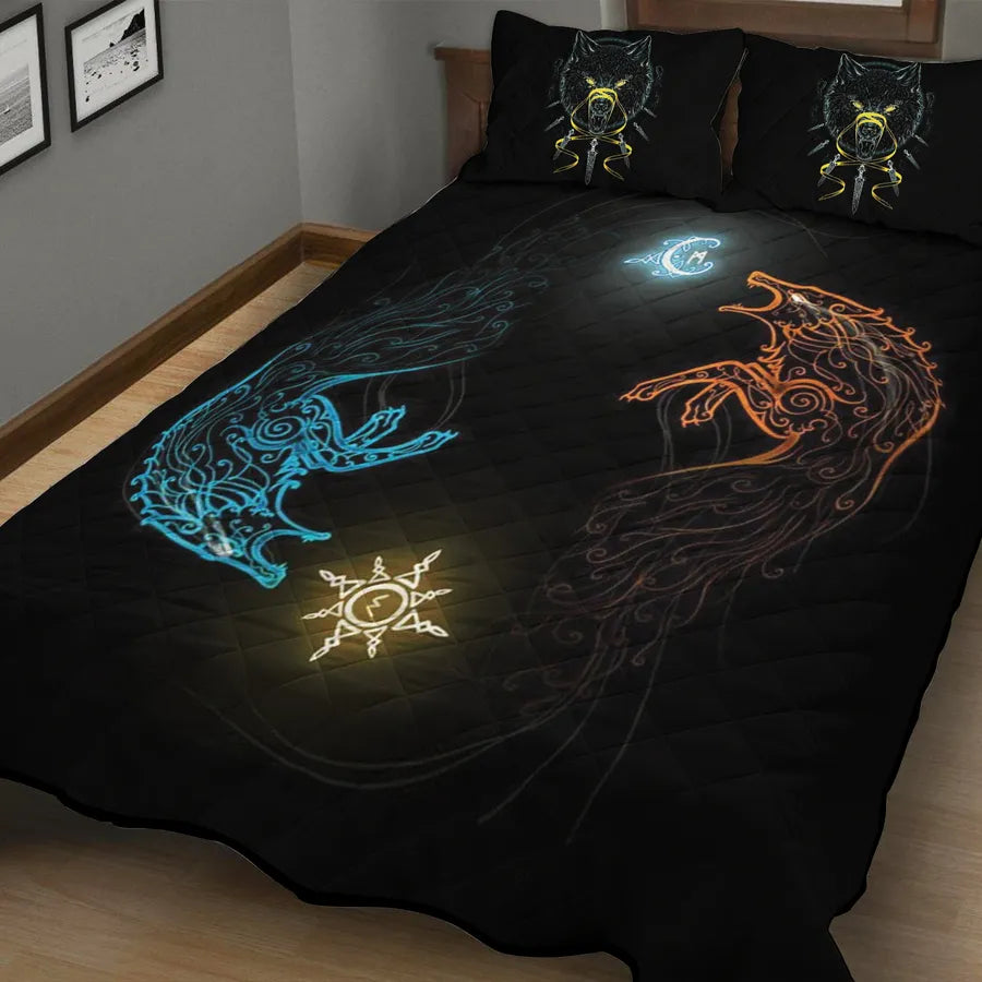 Viking Quilt Bedding Set Sköll and Hati Norse Wolf Symbol