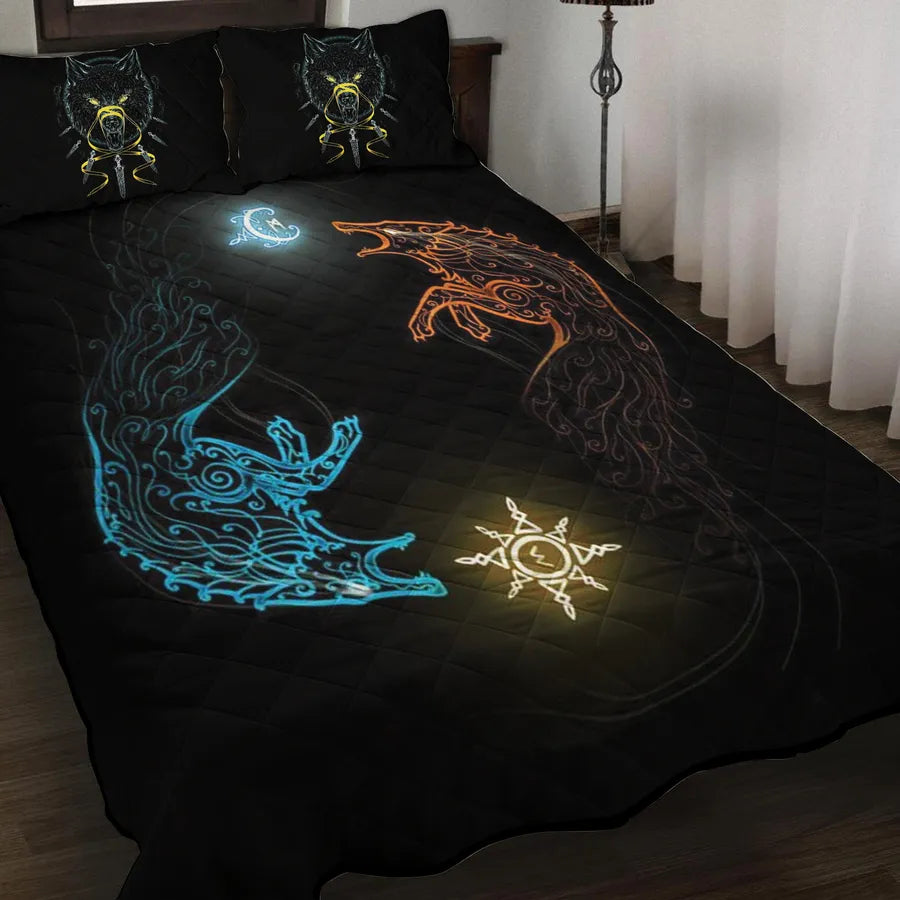 Viking Quilt Bedding Set Sköll and Hati Norse Wolf Symbol