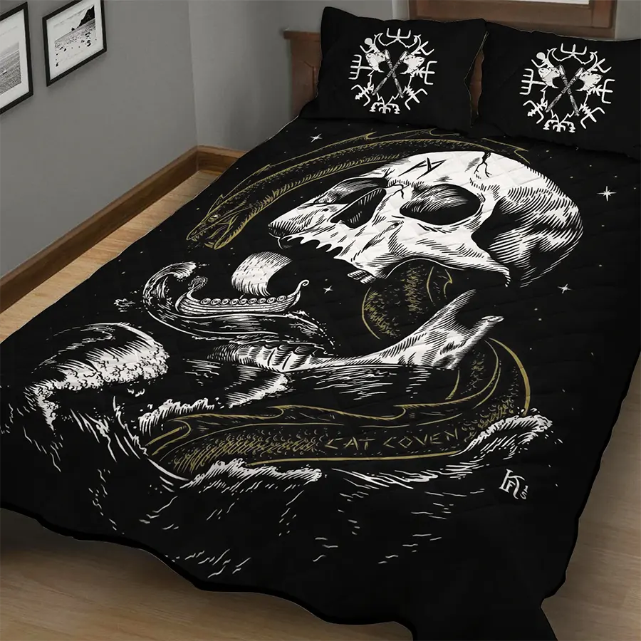 Viking Quilt Bedding Set Skull Jormungandr Art Chaos