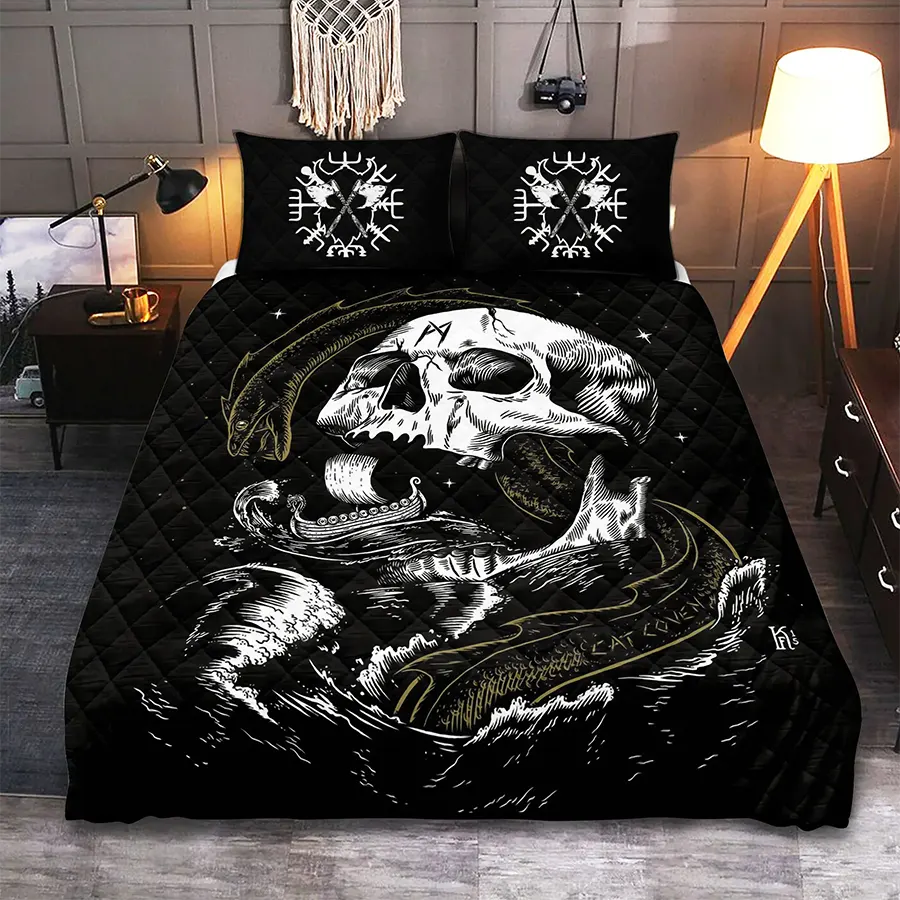 Viking Quilt Bedding Set Skull Jormungandr Art Chaos