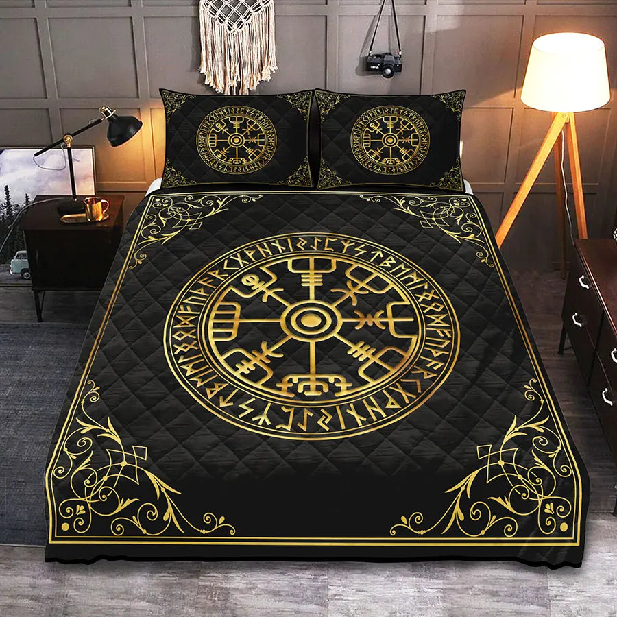 Viking Quilt Bedding Set Vegvisir with Runes