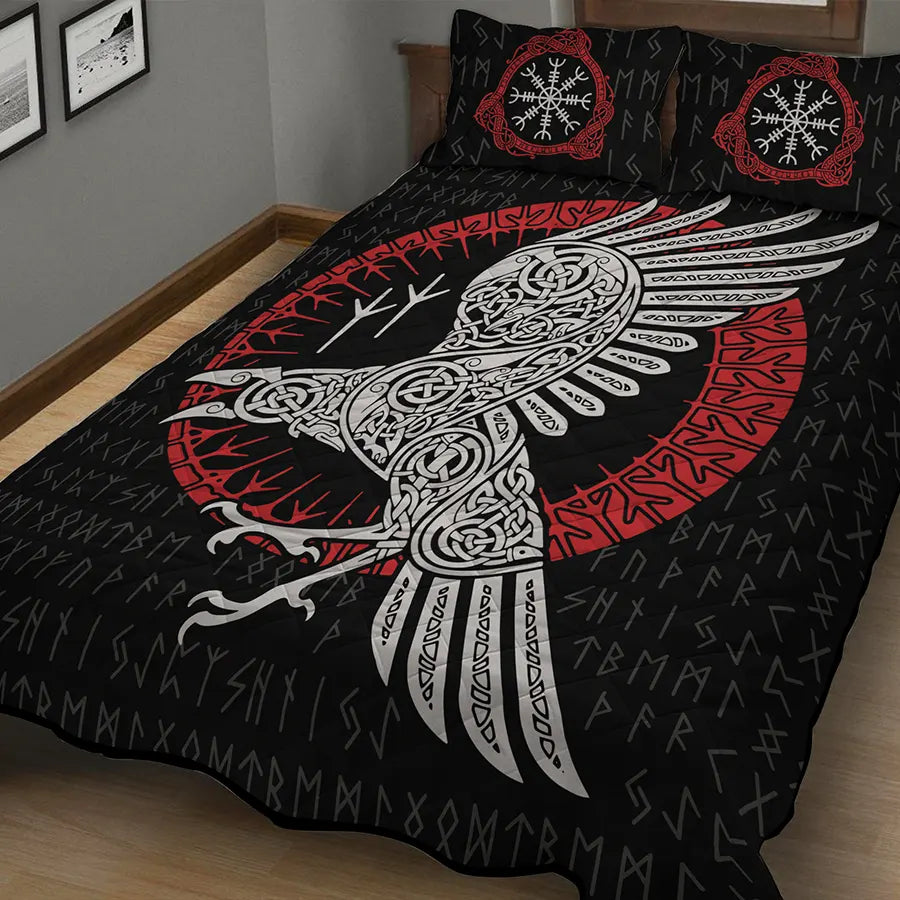 Viking Quilt Bedding Set with Viking Raven Celtic Art and Rune Symbols
