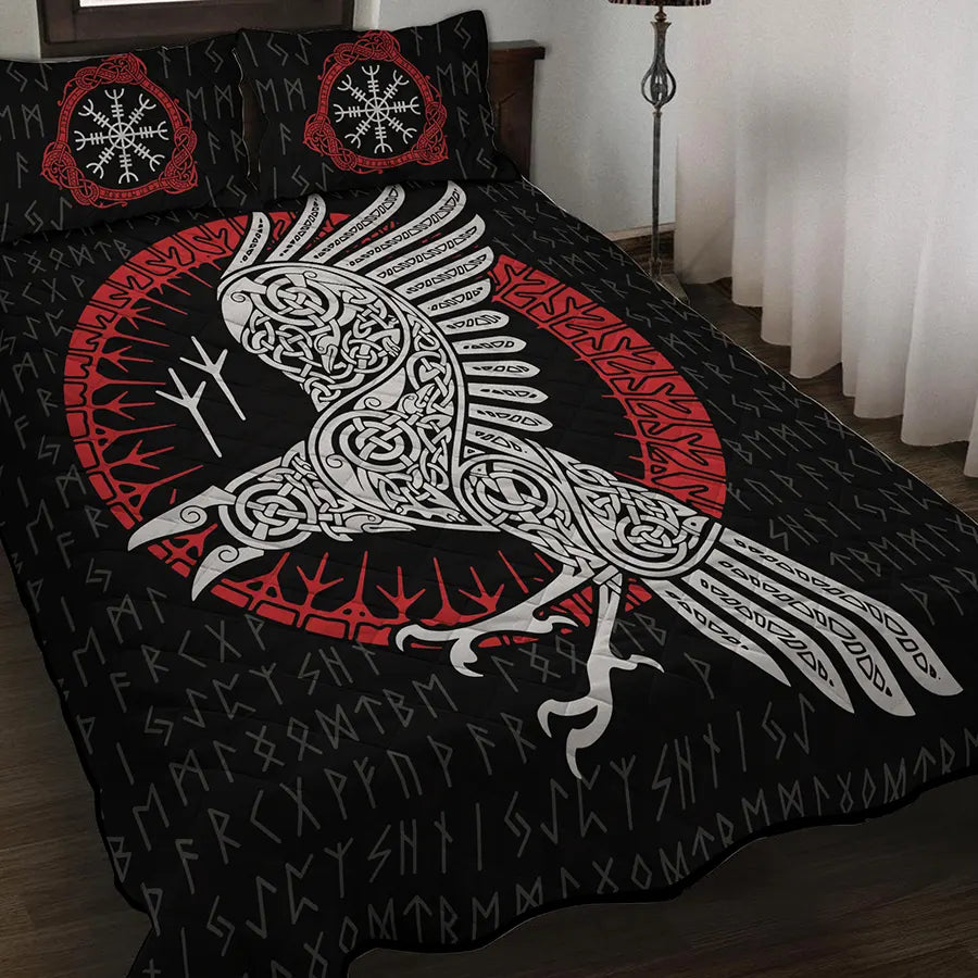 Viking Quilt Bedding Set with Viking Raven Celtic Art and Rune Symbols