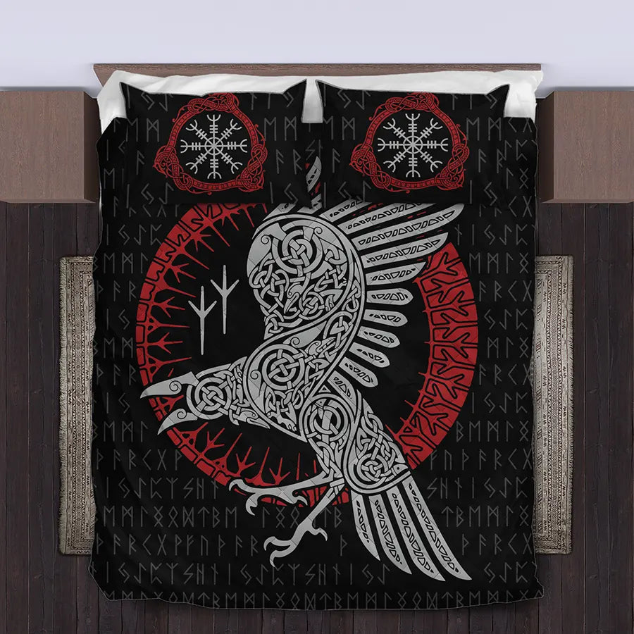 Viking Quilt Bedding Set with Viking Raven Celtic Art and Rune Symbols