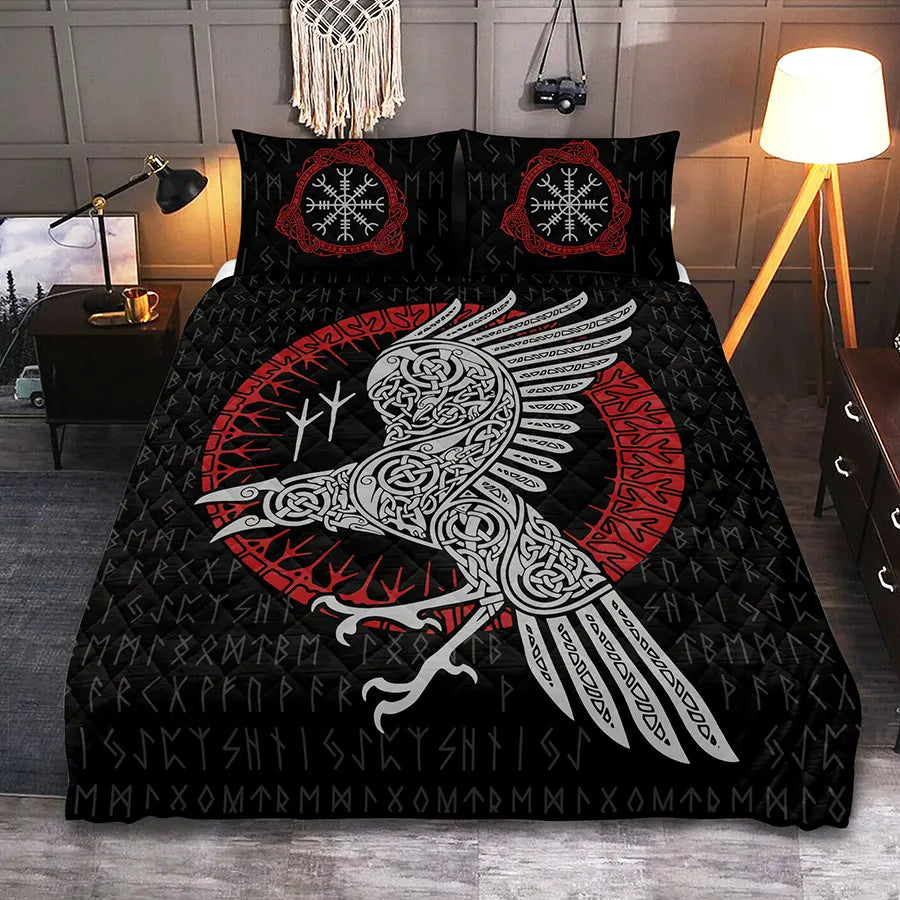Viking Quilt Bedding Set with Viking Raven Celtic Art and Rune Symbols
