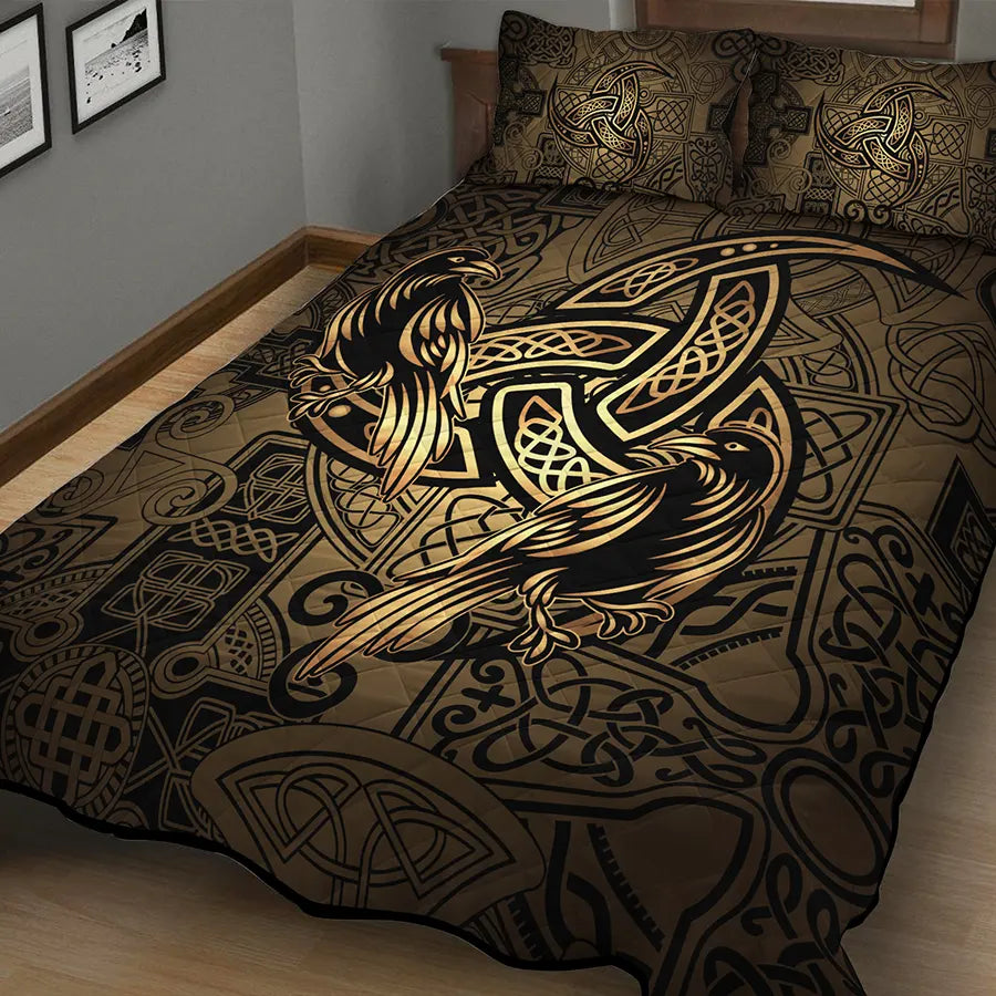 Viking Quilt Bedding Set with Viking Raven and Triple Horn