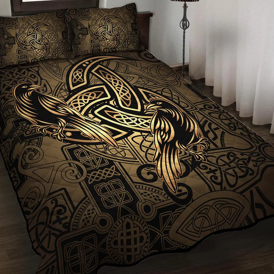 Viking Quilt Bedding Set with Viking Raven and Triple Horn