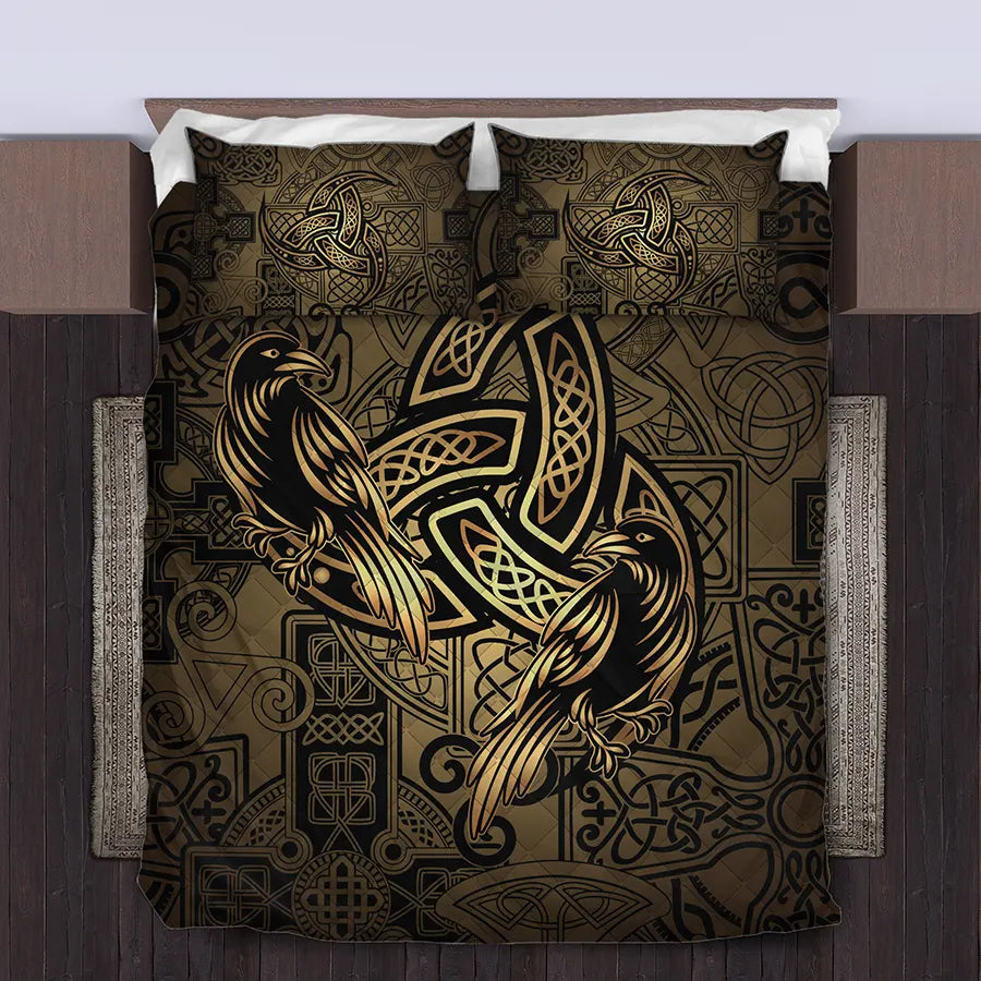 Viking Quilt Bedding Set with Viking Raven and Triple Horn
