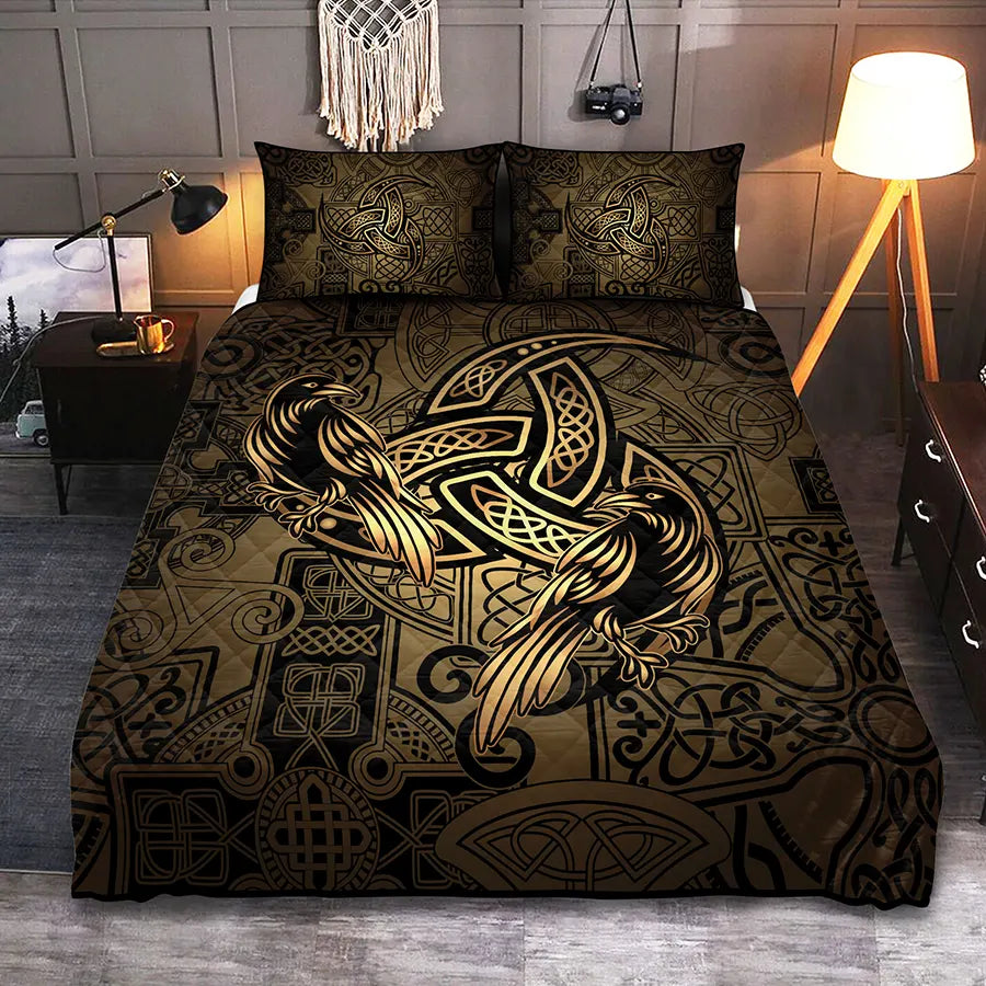 Viking Quilt Bedding Set with Viking Raven and Triple Horn