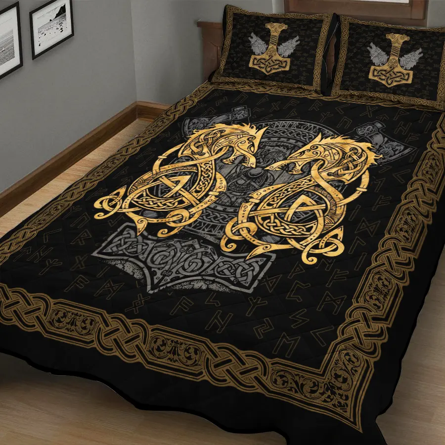 Viking Quilt Bedding Set Viking Wolf Celtic and Mjolnir Art