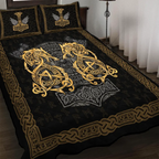 Viking Quilt Bedding Set Viking Wolf Celtic and Mjolnir Art