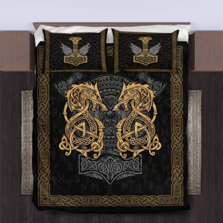Viking Quilt Bedding Set Viking Wolf Celtic and Mjolnir Art