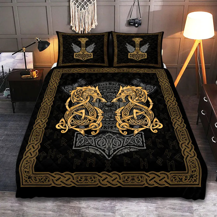 Viking Quilt Bedding Set Viking Wolf Celtic and Mjolnir Art