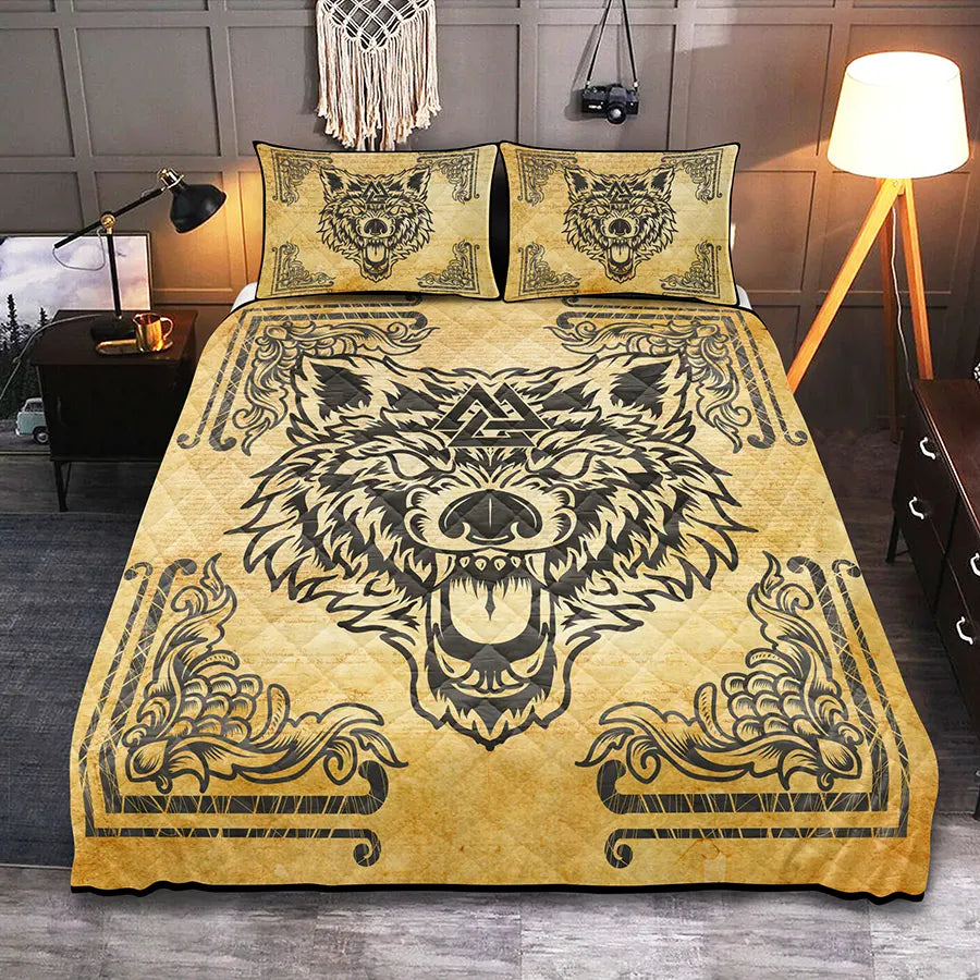 Viking Quilt Bedding Set Viking Wolf Headdress Art